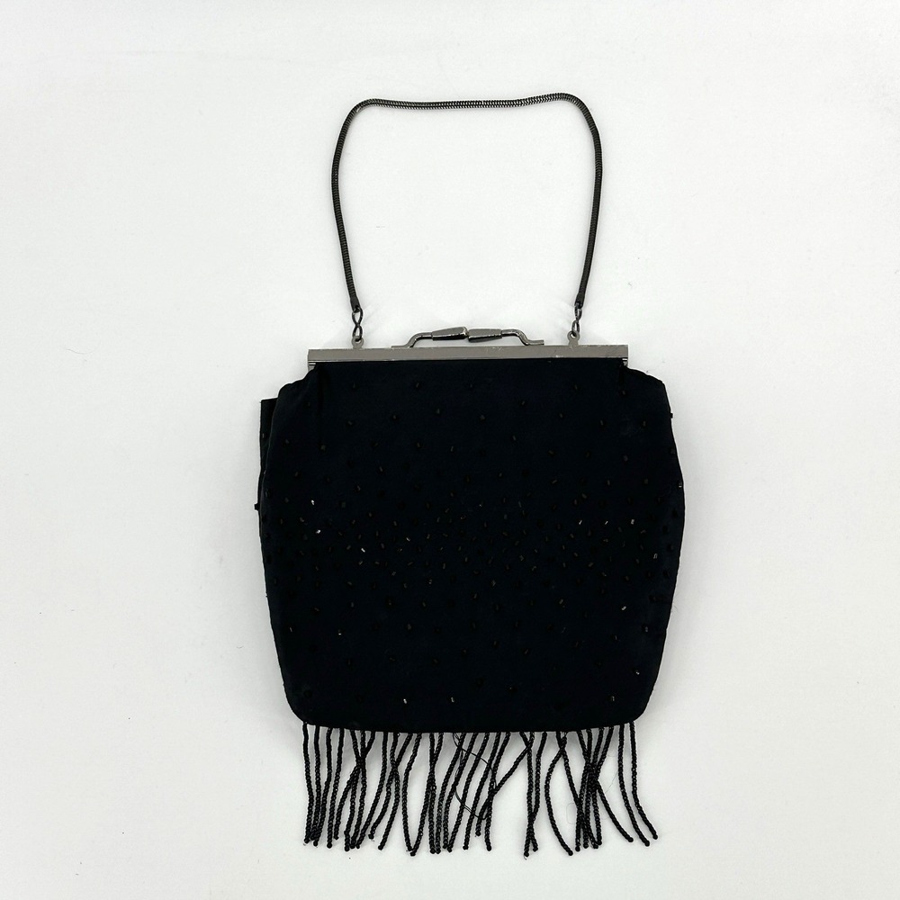CACHE Small Evening Bag Black Sequin Beads Kiss Lock Metal Strap 80's Vtg